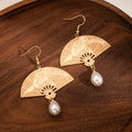 Gold Folding Fan Pearl Look Teardrop Hook Earrings view 1