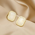 White and Pink Rounded Rectangle Gold Rim Stud Earrings view 4