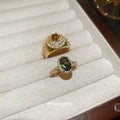 Gold Open Ring Dark Green Oval Crystal Halo Slim Band view 2