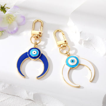 Gold Crescent Moon Evil Eye Keychains Blue and White