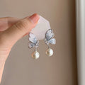 Blue Crystal Butterfly and Pearl Stud Earrings Fashion Jewelry view 6