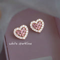 Pink Crystal Heart Stud Earrings Clear Halo Gold Tone view 4