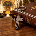 Dark Wood Open Cross Keychain With Split Ring and Chain view 3