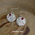 Silver Textured Disc Leaf Earrings Red Cabochon Pair view 4