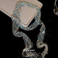 Blue Beaded Mesh Scarf Necklace With Polished Metal Tone Details view 4