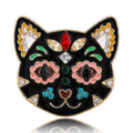 Black Enamel Cat Face Brooch Multicolor Rhinestone Gold Rim view 1