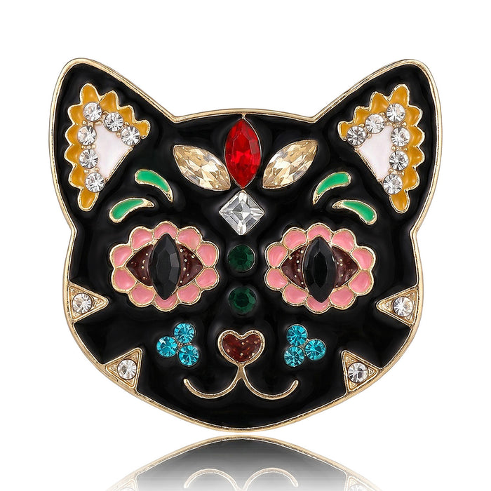 Black Enamel Cat Face Brooch Multicolor Rhinestone Gold Rim