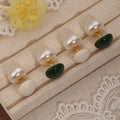 Double Sided Faux Pearl Green Enamel Stud Earrings Gold Tone view 2