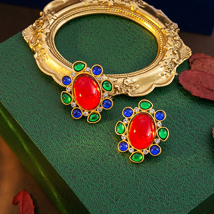 Gold Red Oval Cabochon Multicolor Gem Stud Earrings