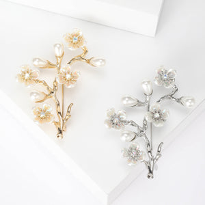 Faux Pearl Blossom Branch Brooch in Gold or Silver Tone