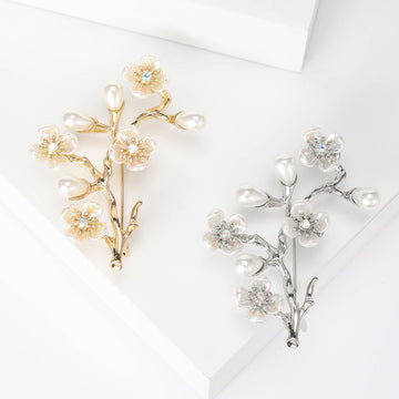 Faux Pearl Blossom Branch Brooch in Gold or Silver Tone