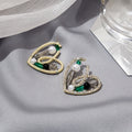 Gold Heart Frame Pearl Crystal Stud Earrings Green Accents view 4