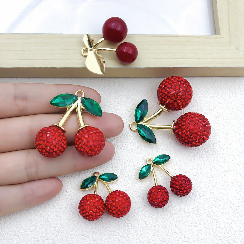 Acrylic Rhinestone Red Cherry Charm Pendant for DIY Bag Keychain and Jewelry Accessories