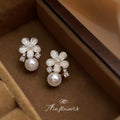 White Flower Pearl Drop Stud Earrings Clear Crystal Accents view 3