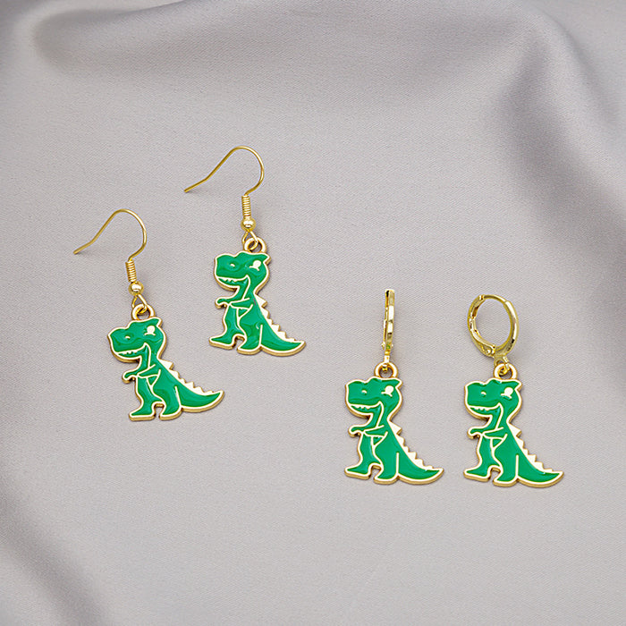 Green Cartoon Dinosaur Long Hook and Huggie Earrings