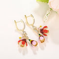 Red Pink Flower Drop Hoop Earrings Metal Jewelry Design view 3