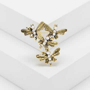 Triple Dragonfly Pearl Brooch Gold Or Silver Metal Cluster