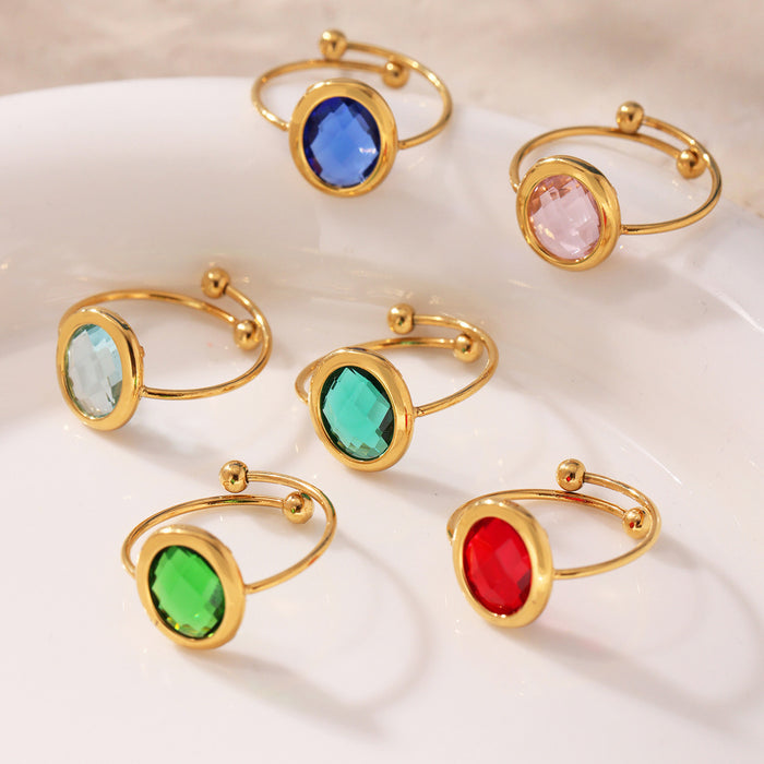 Gold Bezel Oval Czech Glass Open Rings Six Colors Size 7