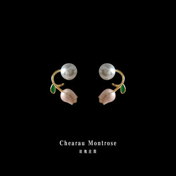 Gold Pink Tulip Pearl Dual Wear Ear Jacket Earrings