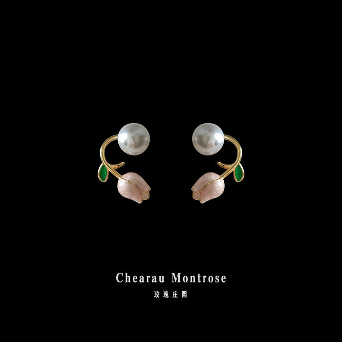Gold Pink Tulip Pearl Dual Wear Ear Jacket Earrings