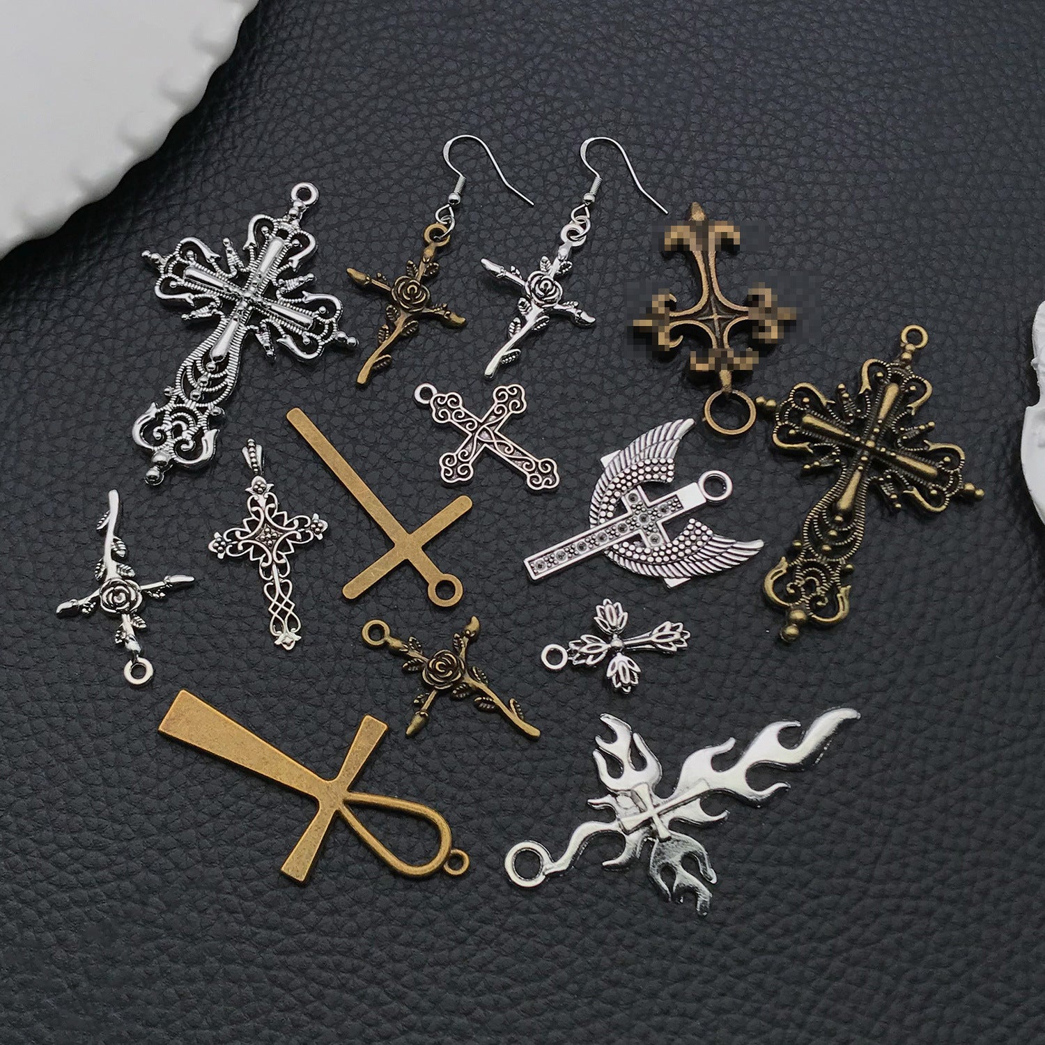 Antique Silver Zinc Alloy Cross Rose Charm Pendant for DIY Keychain Necklace Bracelet Jewelry
