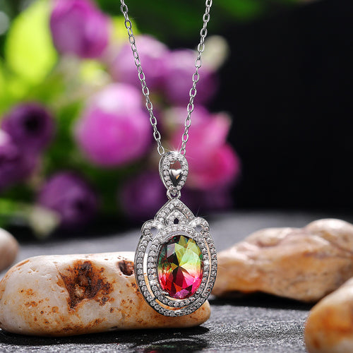 Oval Rainbow Gradient Stone Pendant Necklace in Silver Tone shown in alternate angle