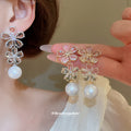 Silver Tone Floral Crystal Pearl Drop Stud Earrings view 2