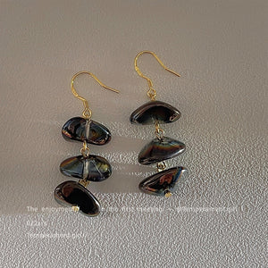 Gold Tone Triple Iridescent Glass Pebble Drop Earrings