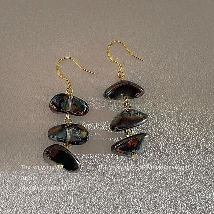 Gold Tone Triple Iridescent Glass Pebble Drop Earrings