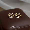 Gold Crystal Pave Circle Safety Pin Motif Stud Earrings view 1