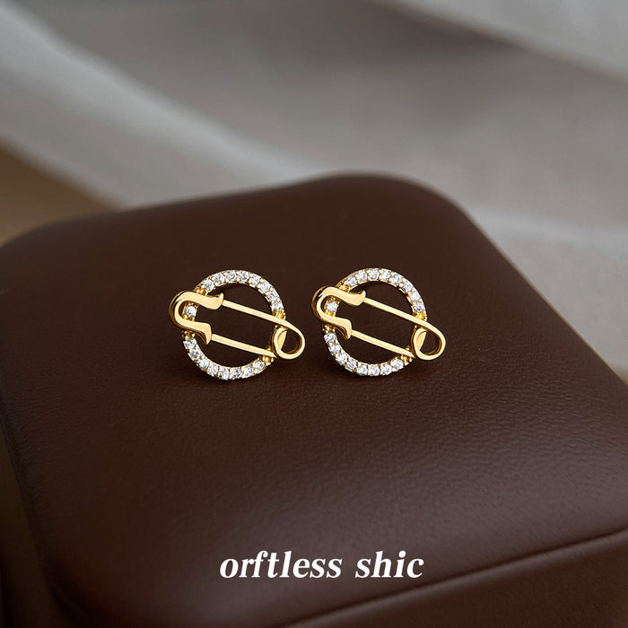 Gold Crystal Pave Circle Safety Pin Motif Stud Earrings