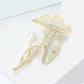 Ginkgo Leaf Pearl Brooch in Detailed Metal and Crystal Design view 3