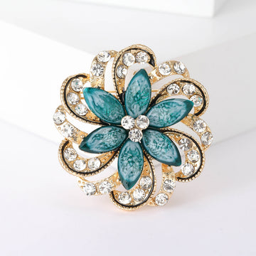 Gold Tone Teal Enamel Petal Flower Rhinestone Brooch
