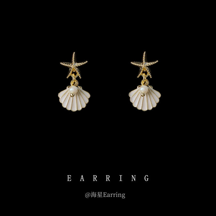 Gold Tone Starfish And Shell Fan Stud Earrings In White And Green