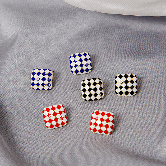 Blue White Checkerboard Square Stud Earrings Enamel