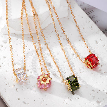 Gold Tone Square Faceted Crystal Pendant Necklaces in Four Colors
