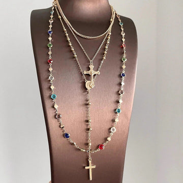 Layered Cross Necklace with Colorful Beads in Two Styles