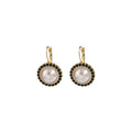 Gold Pearl Leverback Earrings Black Braided Rim Crystal Halo view 5
