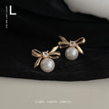 Bow Pearl Stud Earrings Square CZ Gold Silver Tone view 1