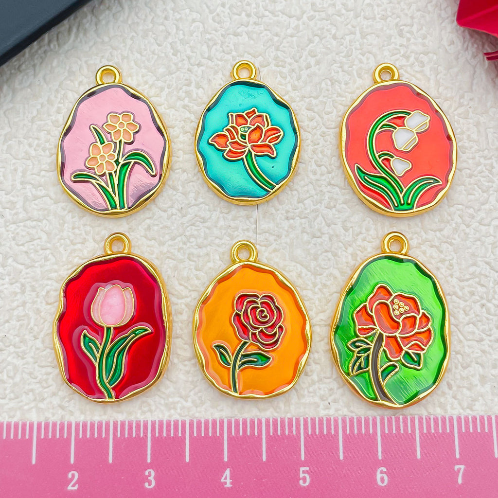Enamel Zinc Alloy Tulip Rose Lily Flower Charm Pendant for DIY Bracelet Necklace
