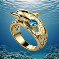 Blue Stone Dolphin Ornate Statement Ring In Polished Gold Tone view 2