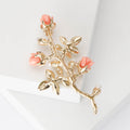 Pink Rose Branch Brooch with Pearl and Green Leaves view 3