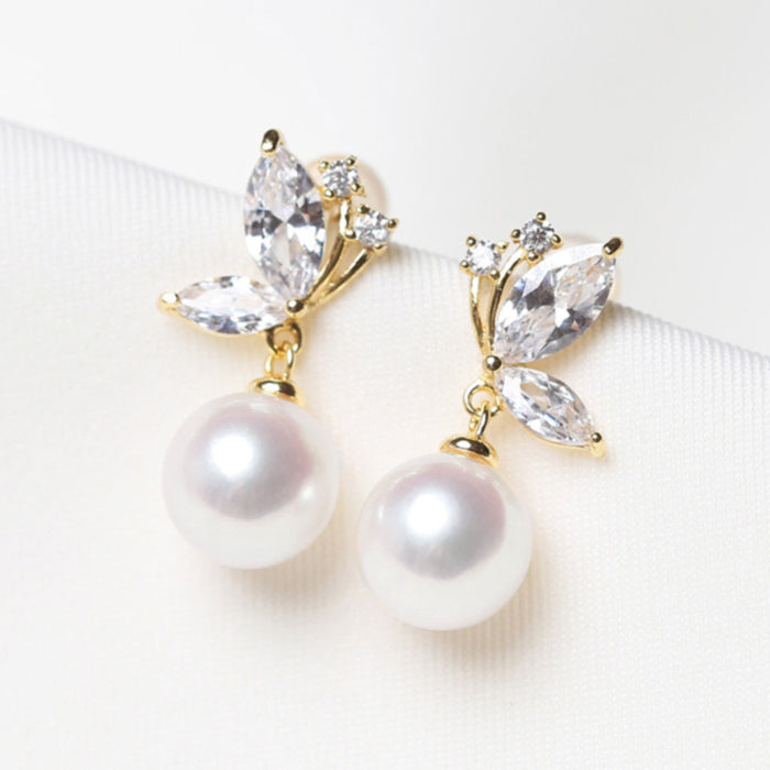Gold Tone Butterfly Clear Stone Faux Pearl Drop Earrings