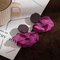 Fuchsia Fabric Petal Flower Black Round Stud Earrings view 3
