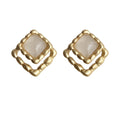 Gold Tone Scalloped Square Geometric Milky Stone Stud Earrings view 5