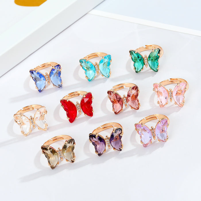 Gold Tone Butterfly Crystal Adjustable Open Rings in Ten Colors