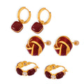 Gold Burgundy Oil Drip Hoop Earrings And Knot Studs view 5