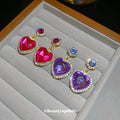 Pink and Purple Crystal Heart Drop Earrings in Gold Tone view 2