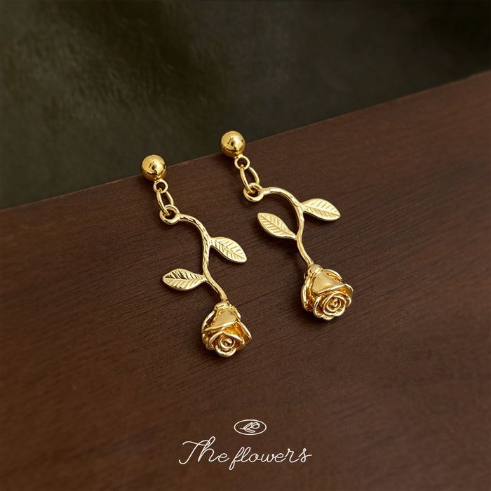 Gold Tone Rosebud Stem And Leaf Drop Stud Earrings For Women
