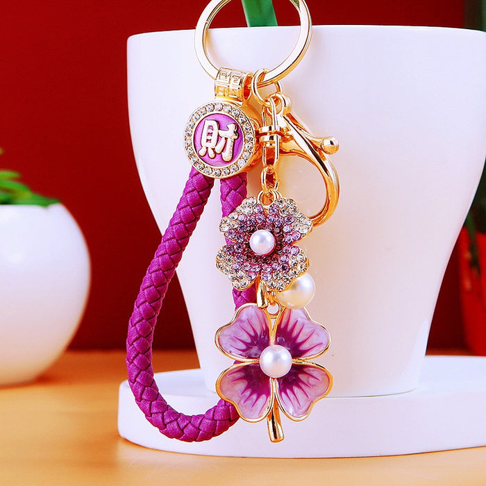 Pearl Double Clover Keychains with Fortune and Loose Heart Loop Options